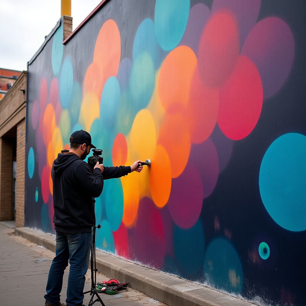 Photographer documenting mural being painted