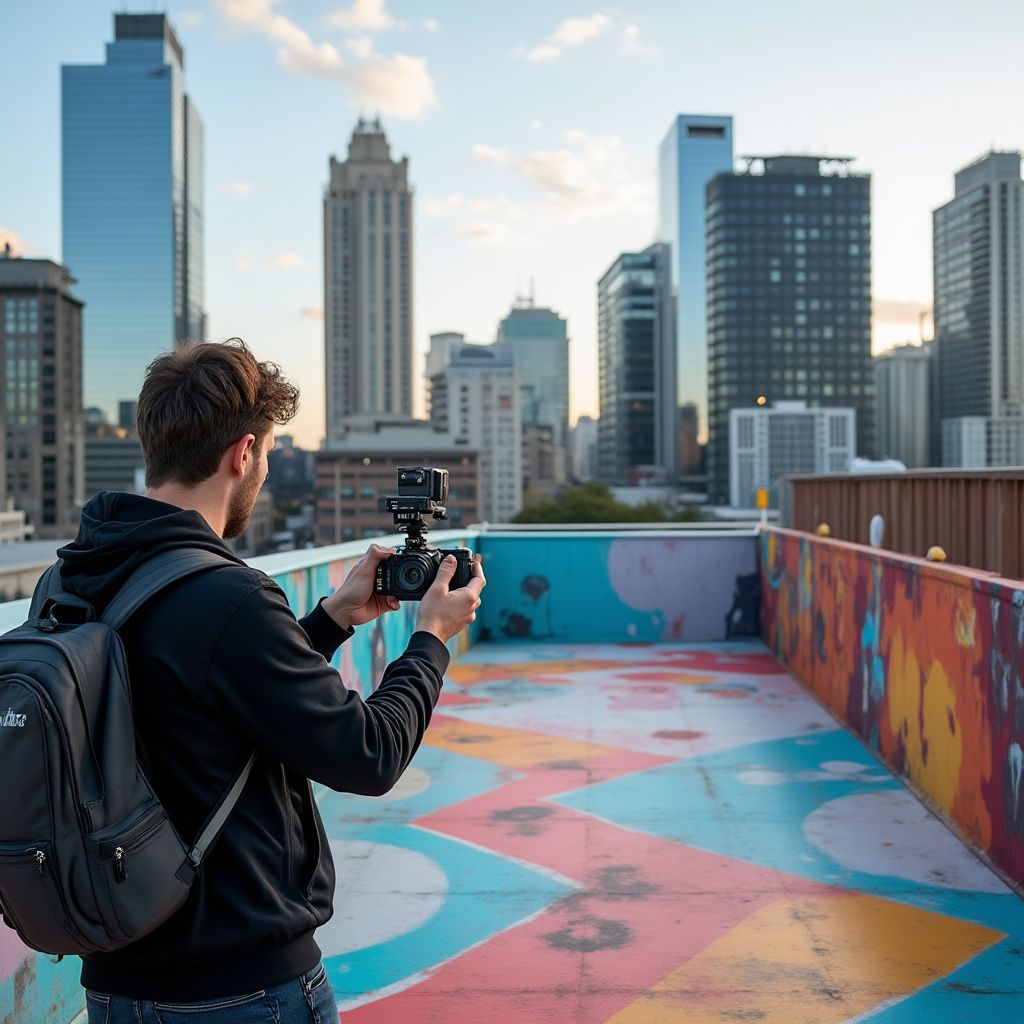 Team documenting street art with drone